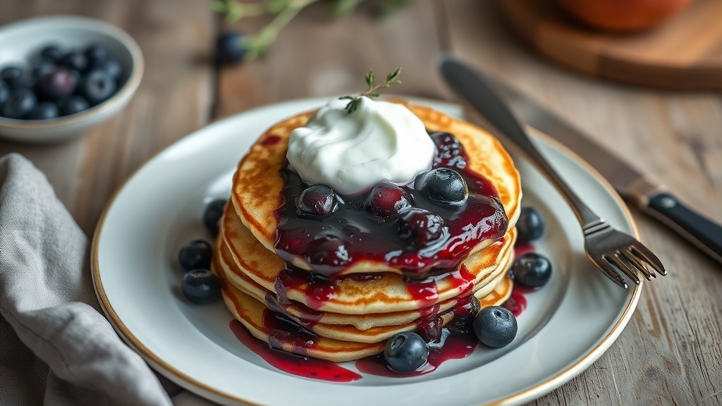 Blender Cottage Cheese Pancakes with Warm Blueberry-Thyme Compote