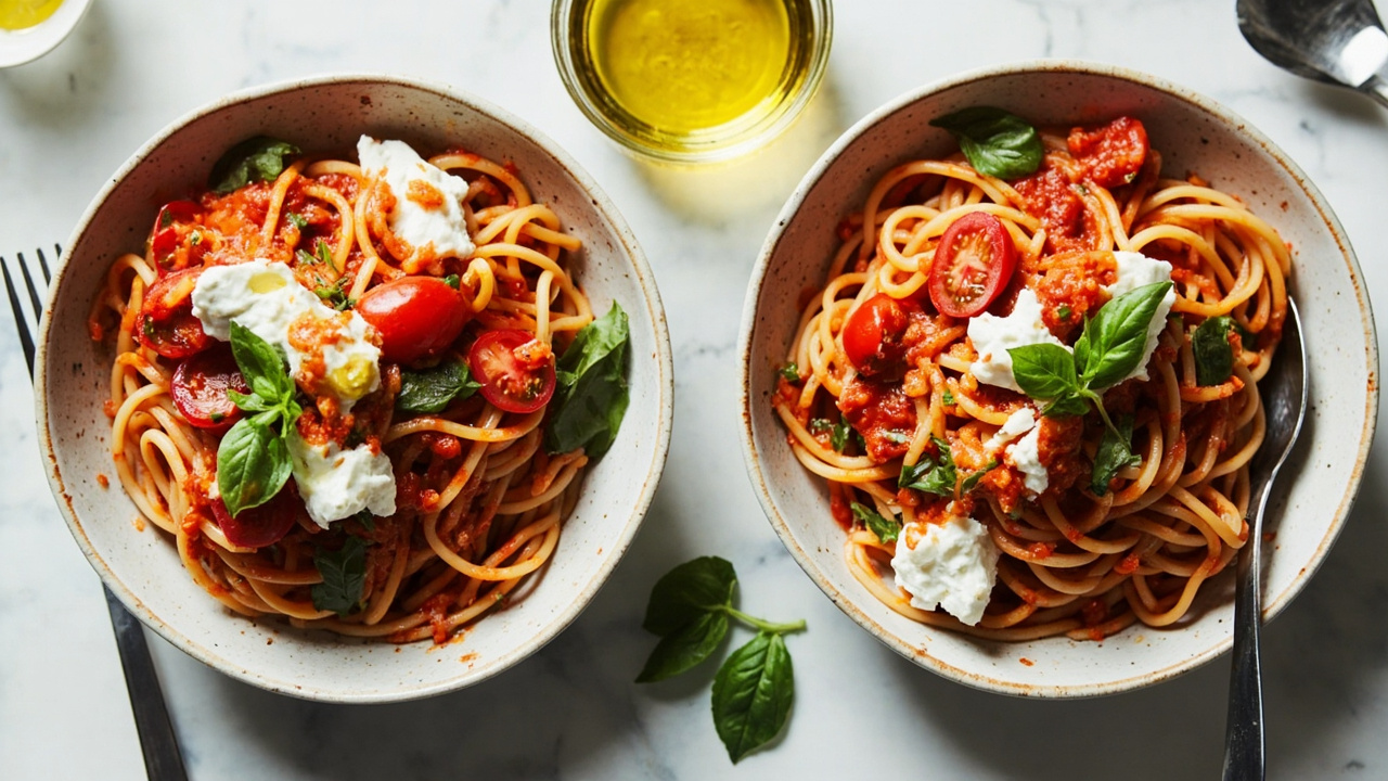 Burrata with Burst Cherry Tomato Sauce
