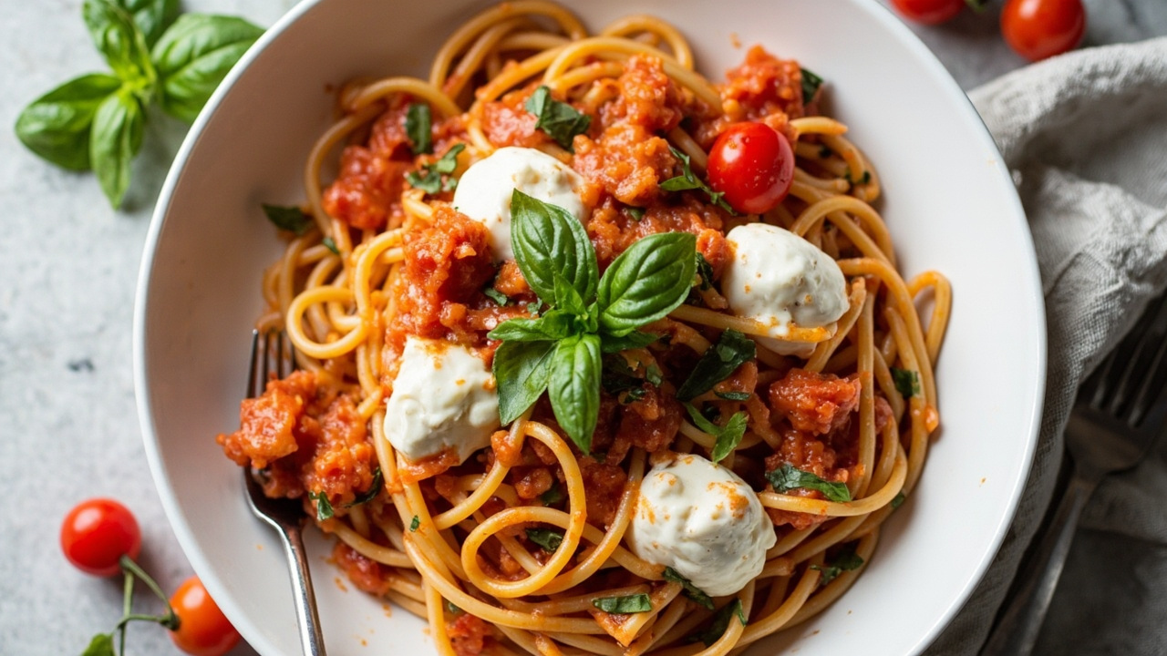 Burrata with Chunky Tomato Sauce and Fresh Basil