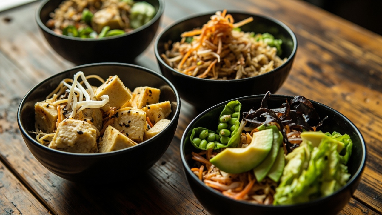 Crispy Tofu and Edamame Sushi Grain Bowl with Sesame-Ginger Dressing