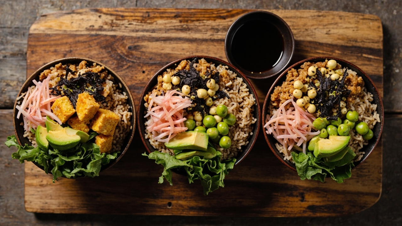 Crispy Tofu & Edamame Sushi Grain Bowl with Ginger-Soy Dressing