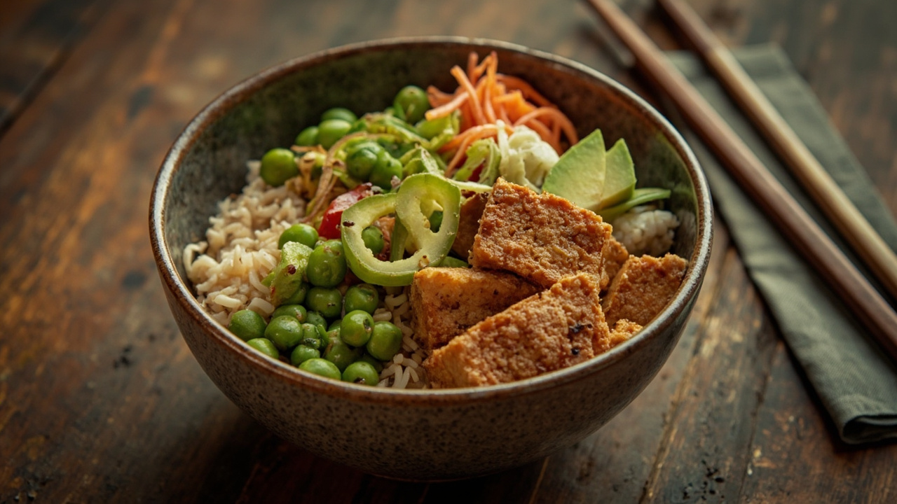 Crispy Tofu Sushi Grain Bowl with Edamame and Pickled Vegetables