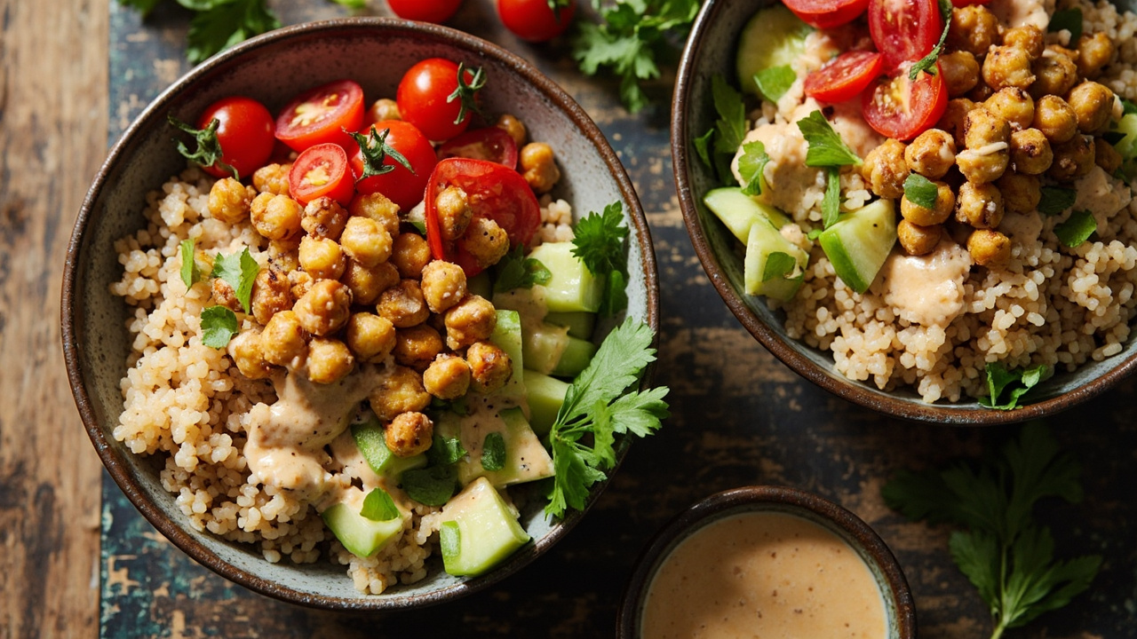 Golden Spiced Chickpea & Pearl Couscous Bowl with Lemony Tahini