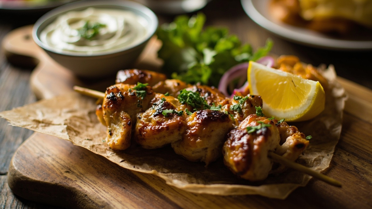 Greek Lemon Chicken Souvlaki with Creamy Tzatziki and Herb Salad