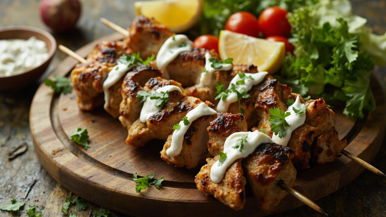 Greek Lemon Chicken Souvlaki with Light Tzatziki and Fresh Vegetables