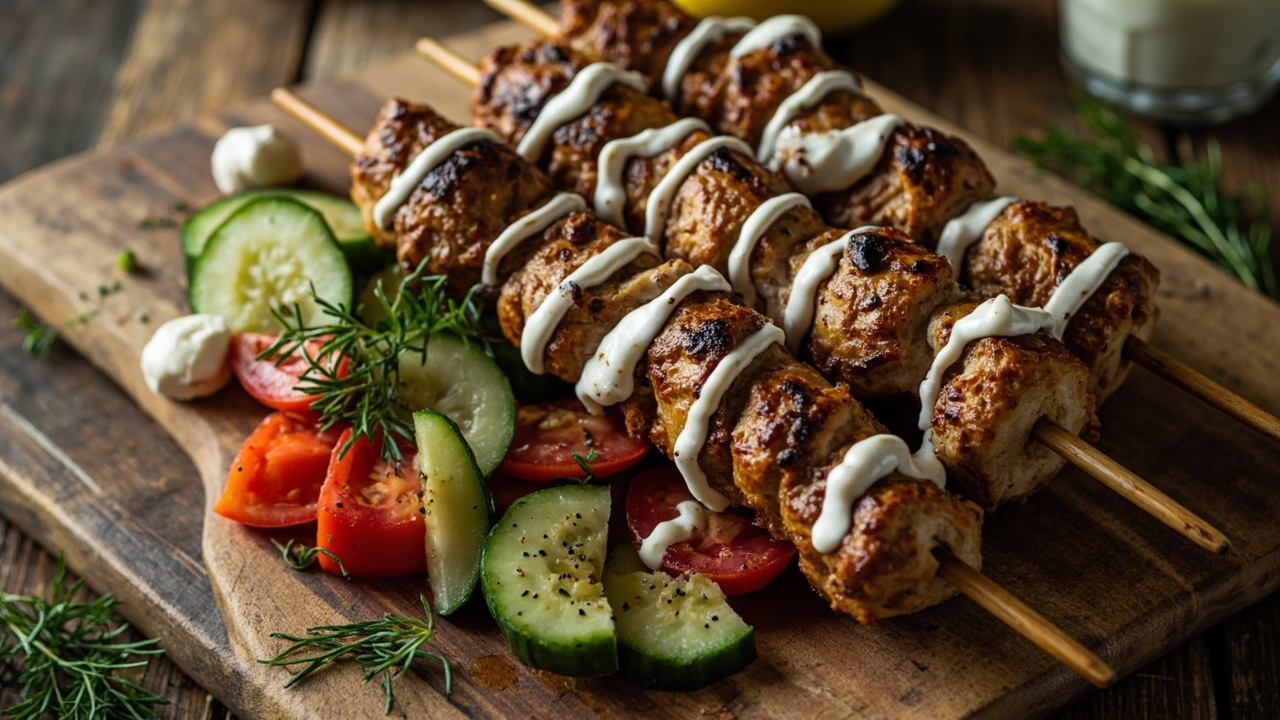 Greek Lemon Chicken Souvlaki with Tzatziki and Cucumber Salad
