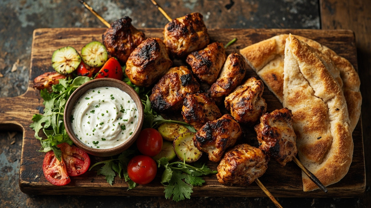Greek Lemon Chicken Souvlaki with Tzatziki and Fresh Herb Salad