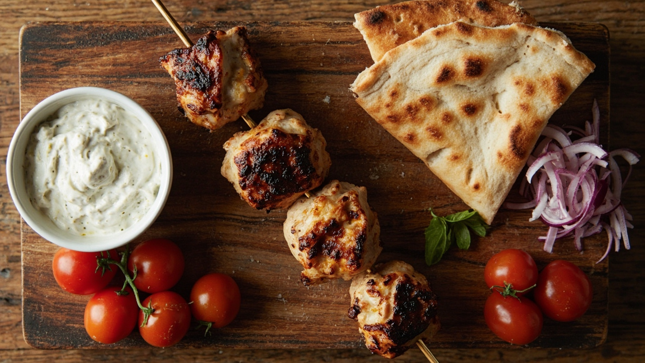 Greek Lemon Chicken Souvlaki with Tzatziki and Fresh Vegetables