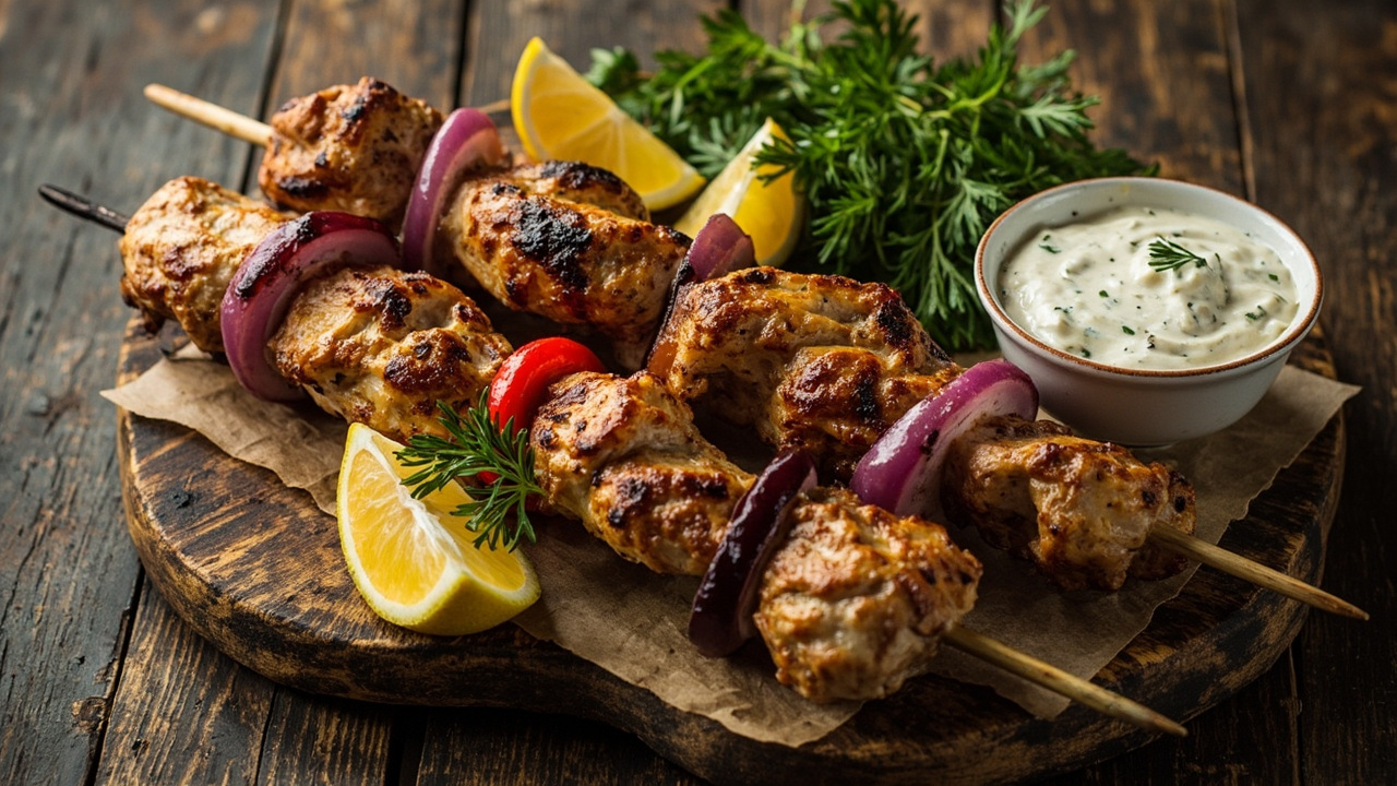 Greek Lemon Chicken Souvlaki with Tzatziki and Herb Pita
