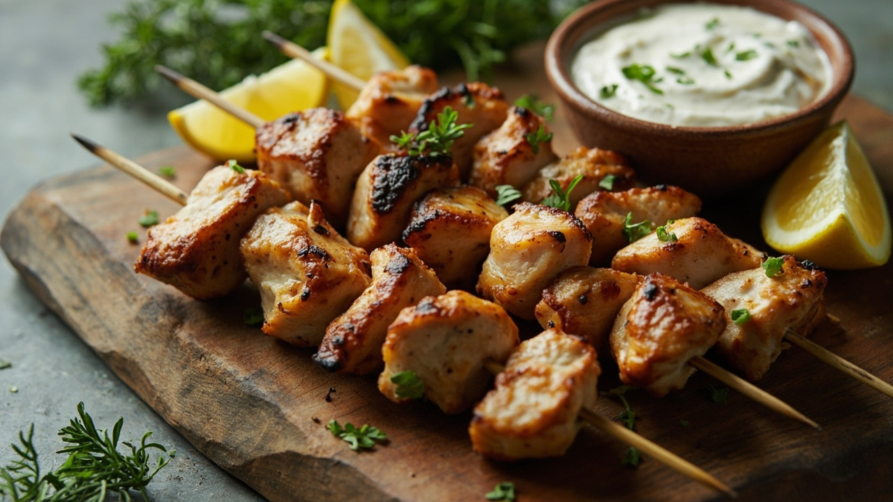 Greek Lemon Herb Chicken Souvlaki with Creamy Tzatziki