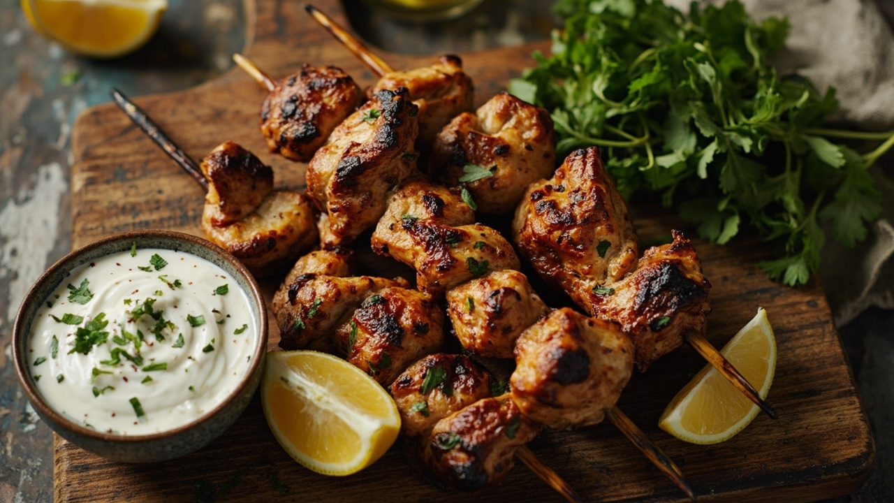 Greek Lemon Herb Chicken Souvlaki with Light Tzatziki