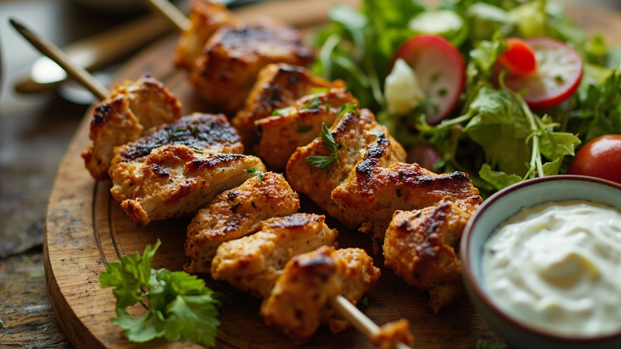 Greek Lemon Herb Chicken Souvlaki with Tzatziki and Horiatiki Salad