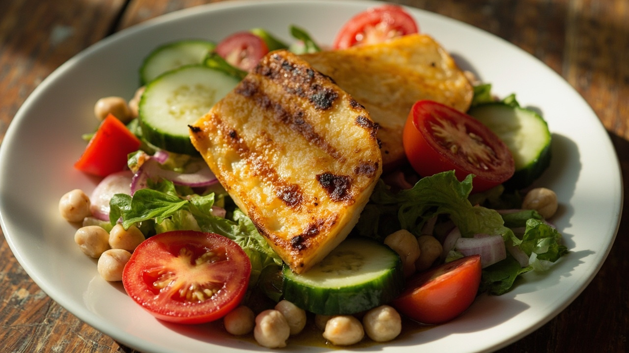 Grilled Halloumi Horiatiki Salad with Chickpeas