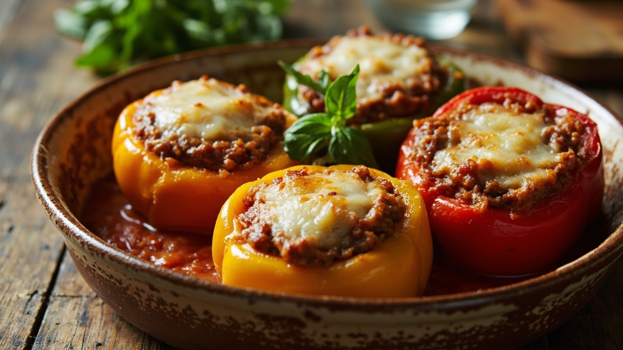 Herb-Crusted Turkey-Stuffed Bell Peppers with Tomato-Basil Sauce