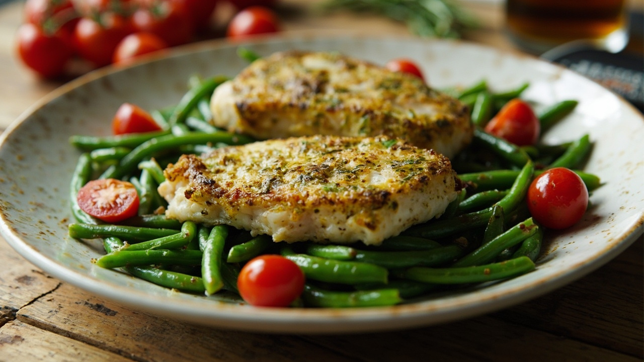 Italian Pesto-Crusted Cod with Haricots Verts and Cherry Tomatoes