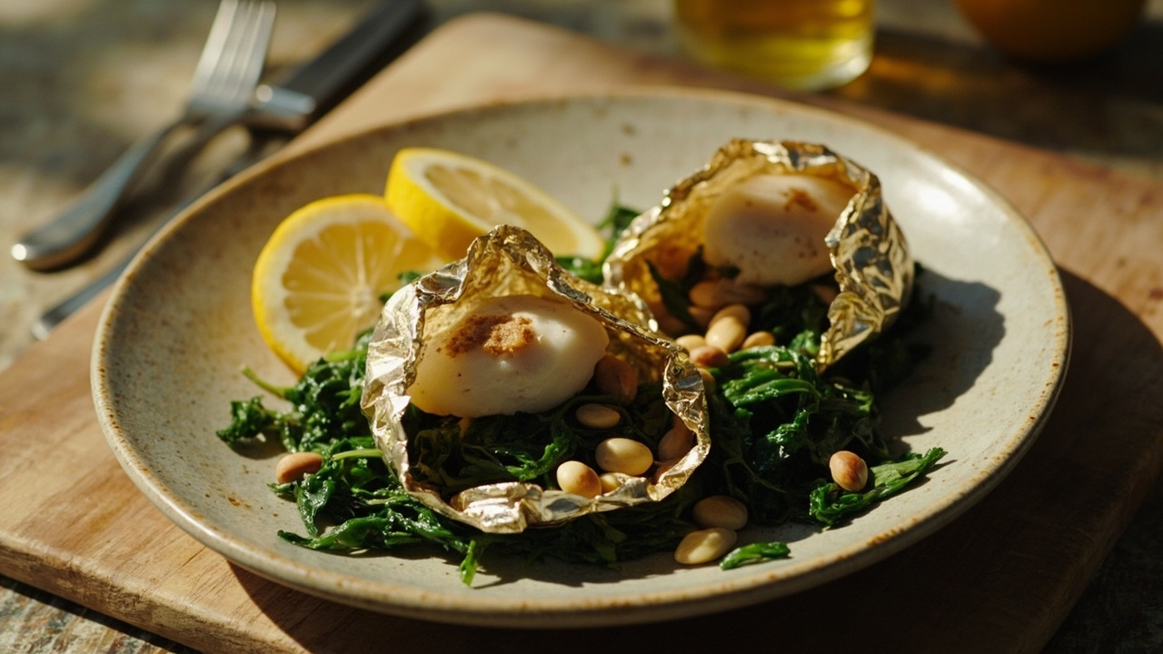 Lemon-Cod Foil Packets with Spinach and Pine Nuts