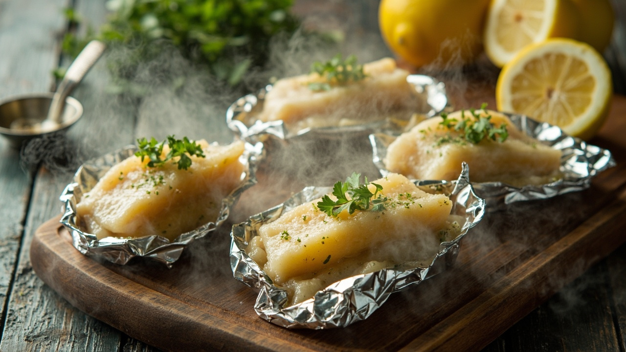Lemon-Cod Foil Packets with Spinach, Cherry Tomatoes & Pine Nuts