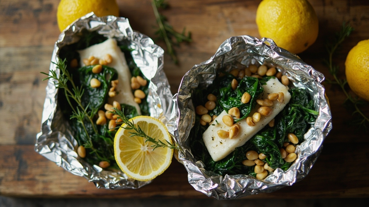 Lemon-Cod Foil Packets with Spinach, Pine Nuts & Crispy Capers