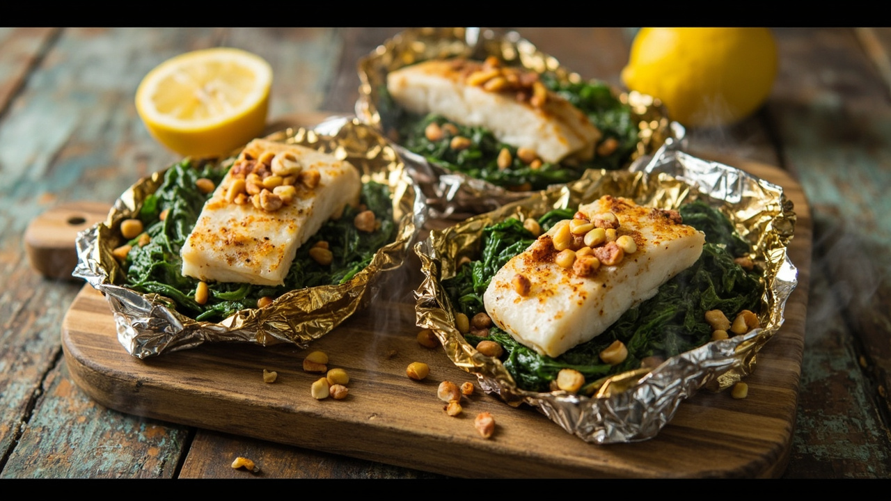 Lemon-Cod Foil Packets with Spinach, Pine Nuts & White Wine