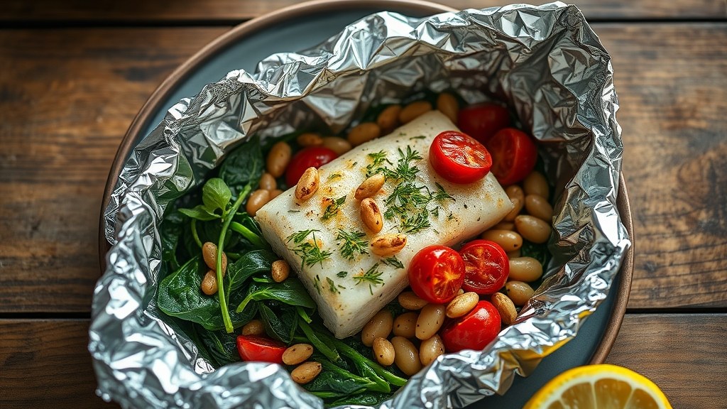 Lemon Cod Foil Packets with Spinach, White Beans and Toasted Pine Nuts