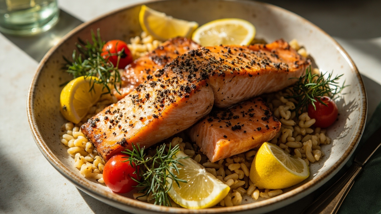 Lemon-Herb Baked Salmon Over Orzo