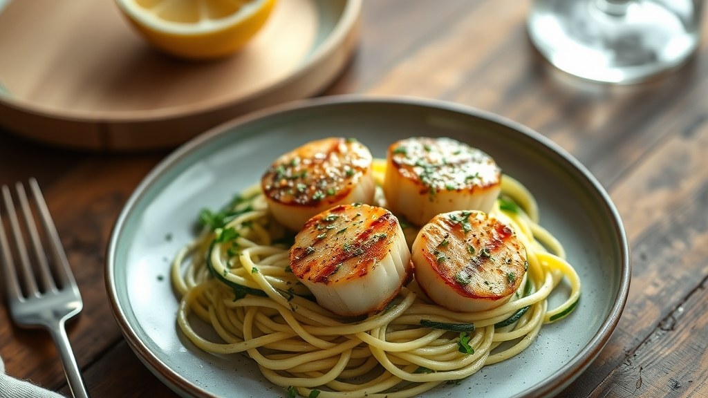 Lemon-Herb Seared Scallops over Garlicky Zucchini Noodles