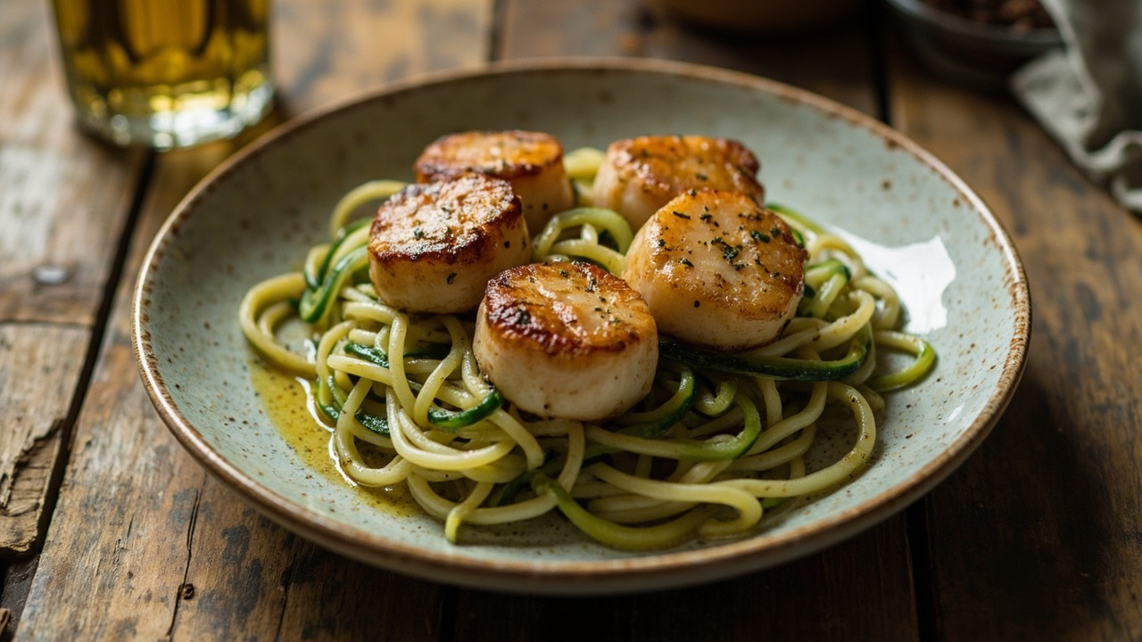 Lemon-Herb Seared Scallops over Zucchini Noodles with White Wine Butter