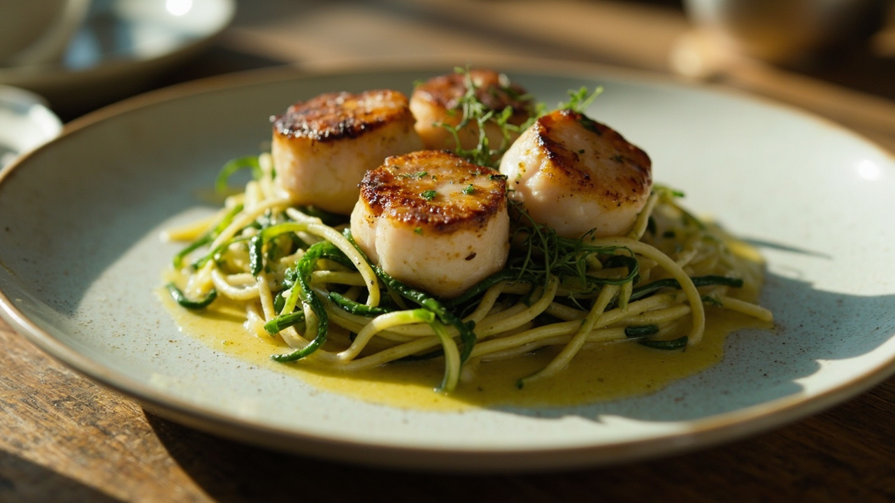 Lemon-Herb Seared Scallops Over Zucchini Noodles with White Wine Pan Sauce