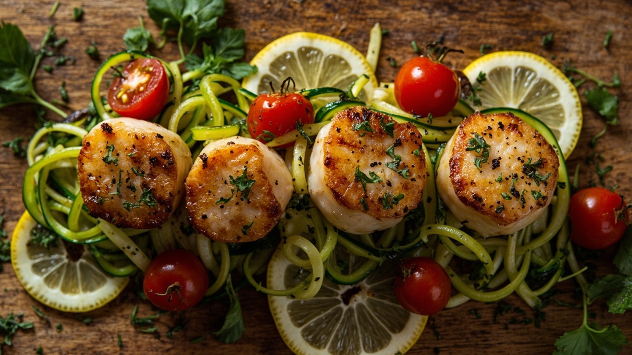 Lemon-Herb Seared Scallops over Zucchini Noodles