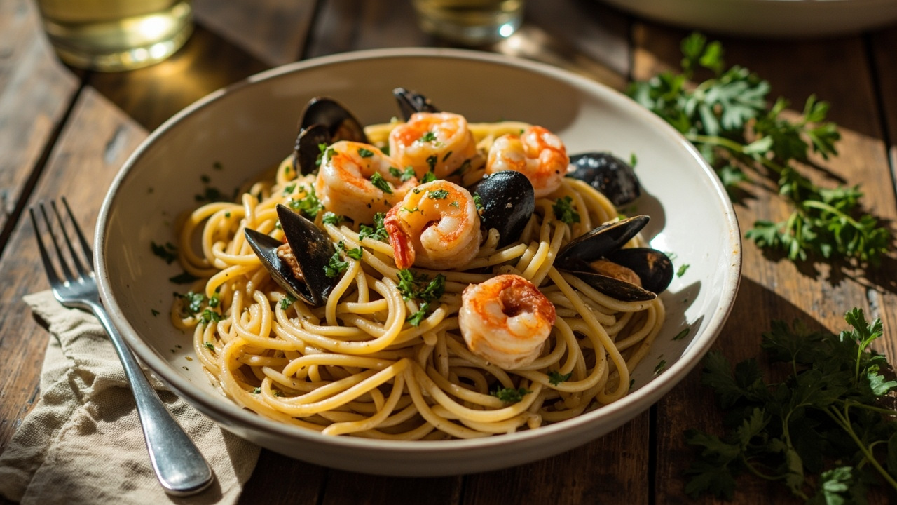Linguine with White Wine Seafood Sauce