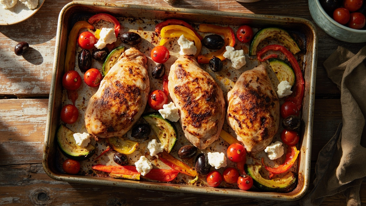 Mediterranean Chicken Tray Bake with Feta and Summer Vegetables