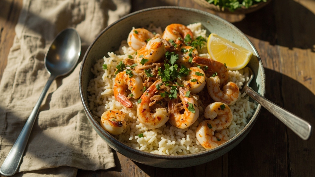 Mediterranean Garlic Shrimp Bowl with Cauliflower Rice