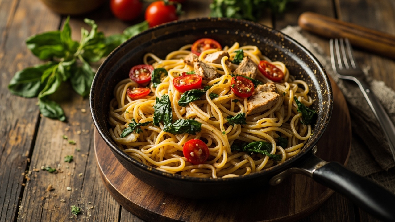 Mediterranean One-Pot Whole Wheat Pasta with Spinach, Cherry Tomatoes and Grilled Chicken