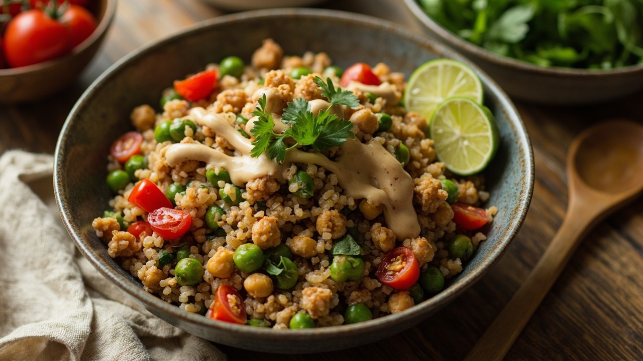 Mediterranean Quinoa Grain Bowl with Crispy Chickpeas & Edamame