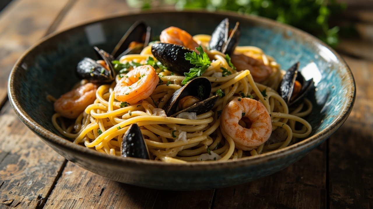 Mediterranean Seafood Pasta with White Wine, Garlic, and Cherry Tomatoes
