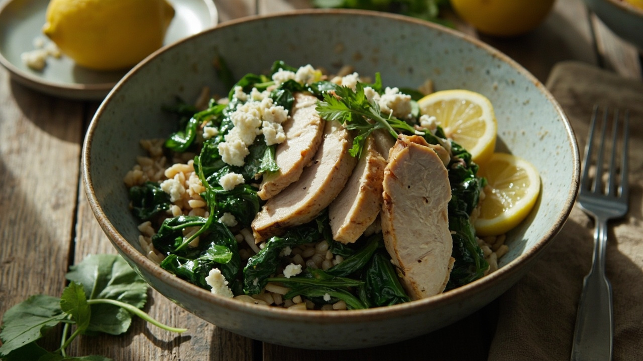 Mediterranean Spinach Rice Bowl with Herbed Chicken