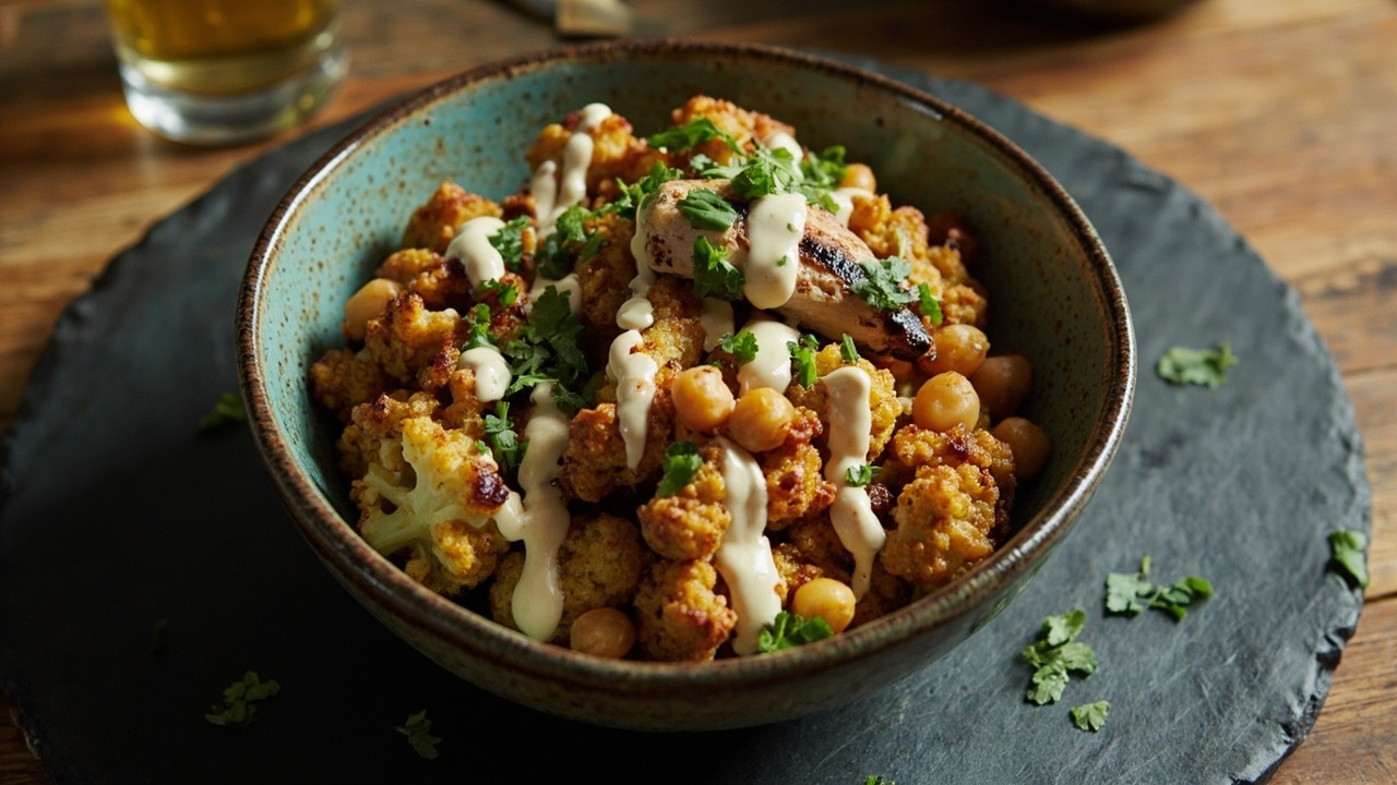 Moroccan Spiced Roasted Cauliflower Bowl with Herbed Tahini and Grilled Chicken