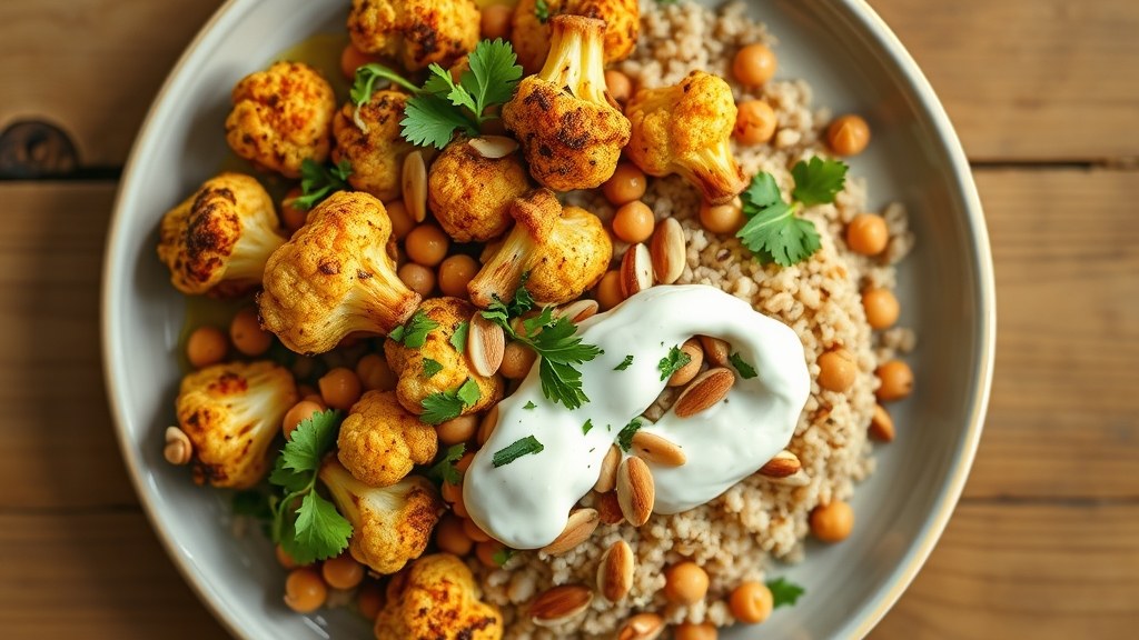 Moroccan-Spiced Roasted Cauliflower with Chickpeas, Bulgur and Lemon Tahini Yogurt