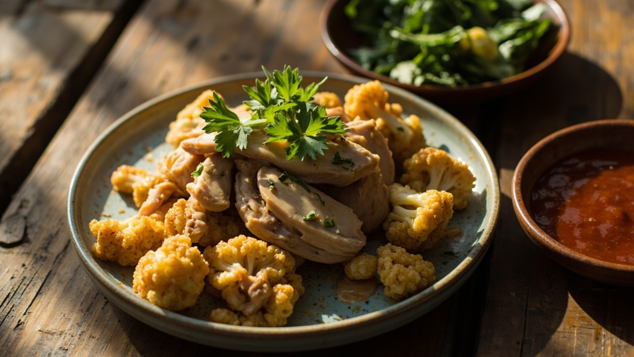 Moroccan-Spiced Roasted Cauliflower with Herb-Crusted Chicken and Tahini