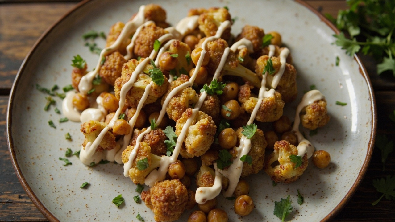 Moroccan-Spiced Roasted Cauliflower with Herbed Tahini and Chickpeas