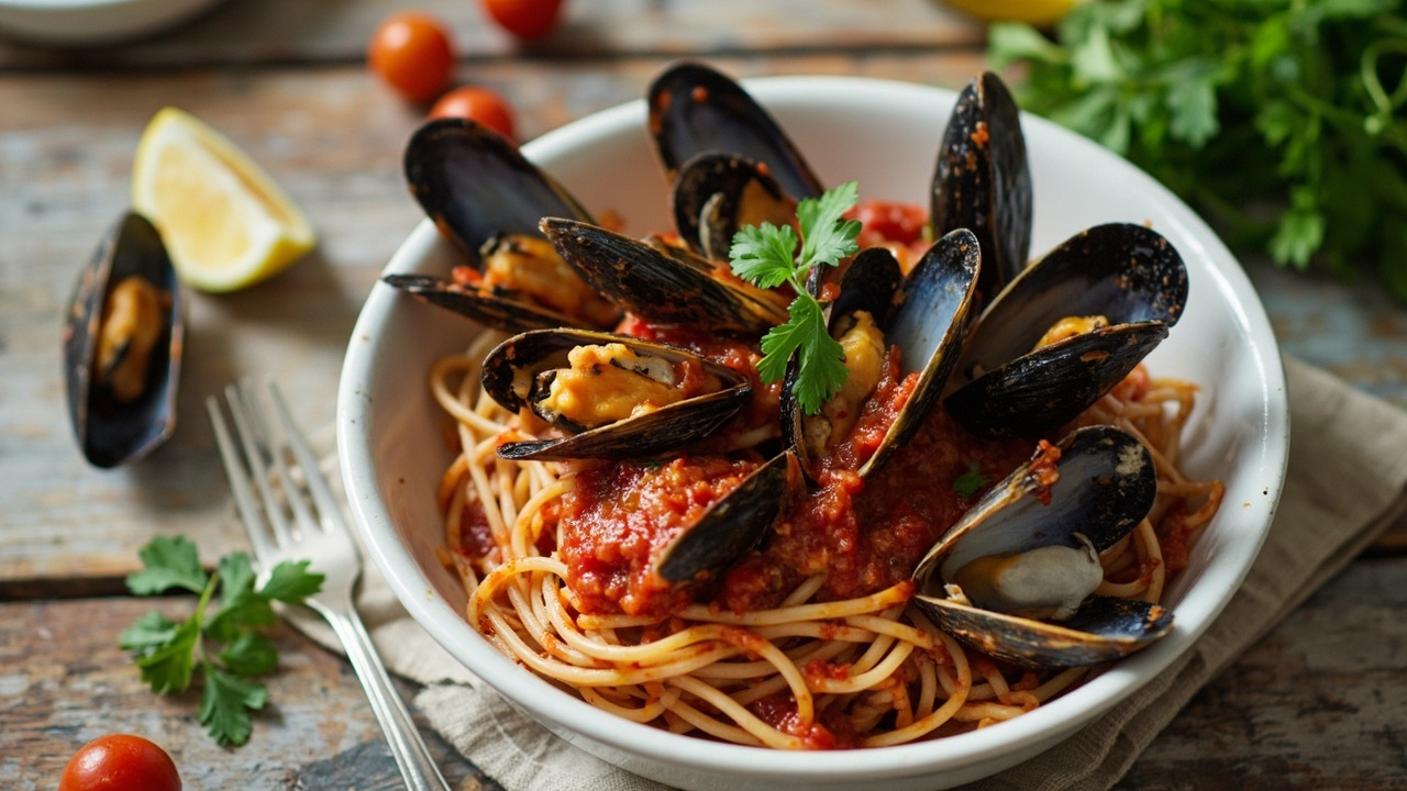 Mussels Marinara over Whole-Wheat Linguine