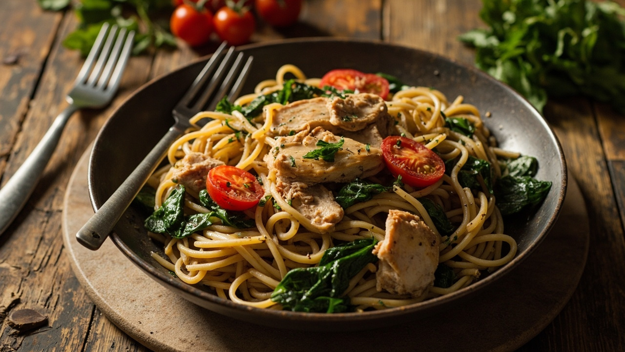 One-Pot Whole-Wheat Pasta with Spinach, Cherry Tomatoes & Lemon-Herb Chicken