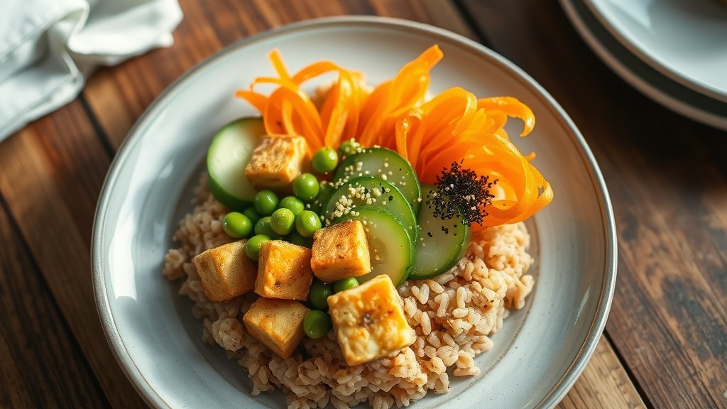 Sesame-Ginger Sushi Grain Bowl with Edamame, Quick-Pickled Carrot and Crispy Tofu