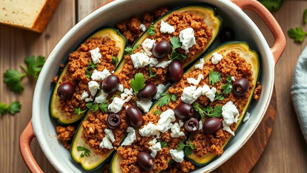 Smoked Paprika Ground Turkey Zucchini Boats with Feta and Kalamata Olives