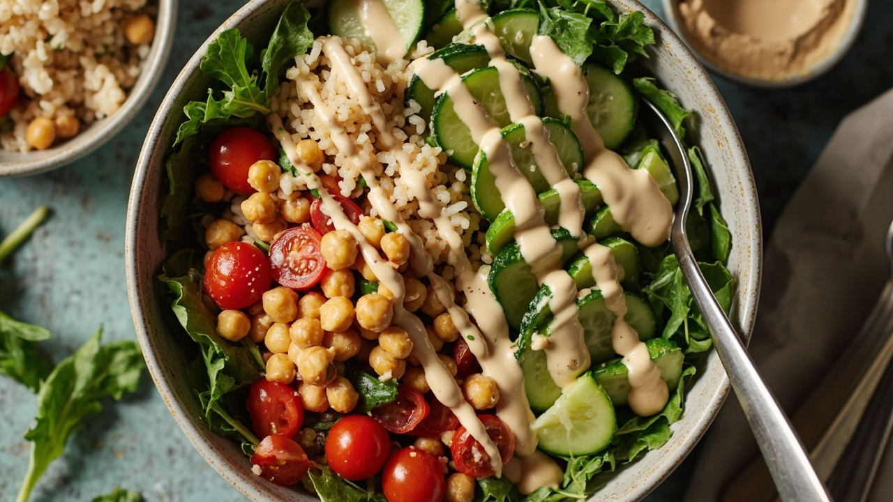 Spiced Chickpea & Pearl Couscous Bowl with Lemon Tahini
