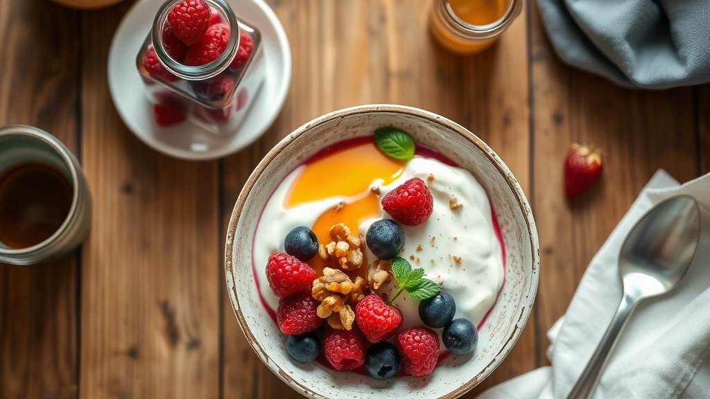 Toasted Walnut & Berry Greek Yogurt Bowl with Honey Drizzle